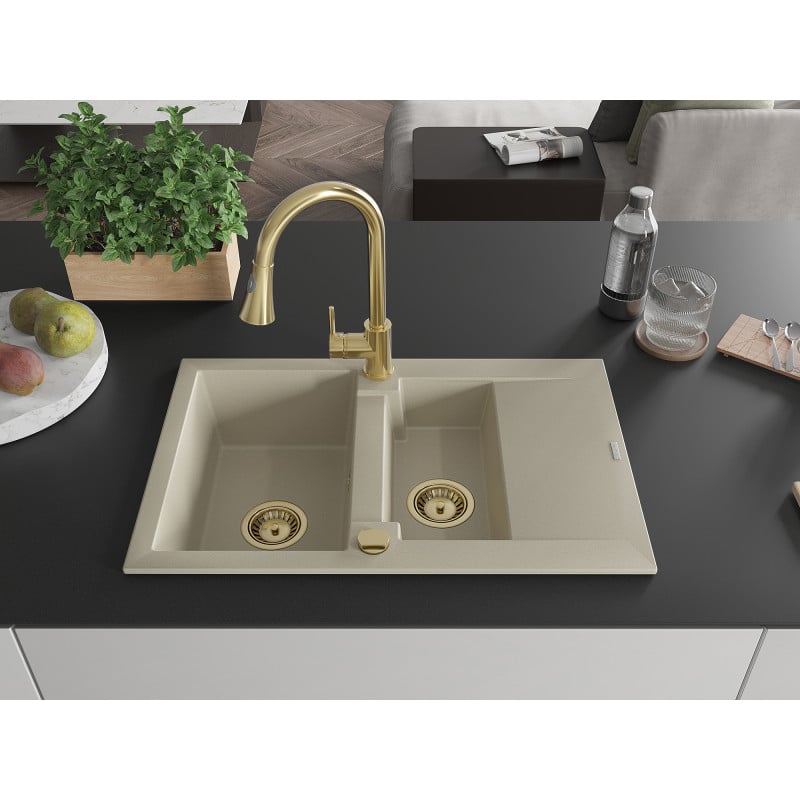 Mexen Gaspar Granitspüle 1,5-Kammer mit Abtropffläche und Küchenarmatur Elia, beige - 6507-69-670101-50