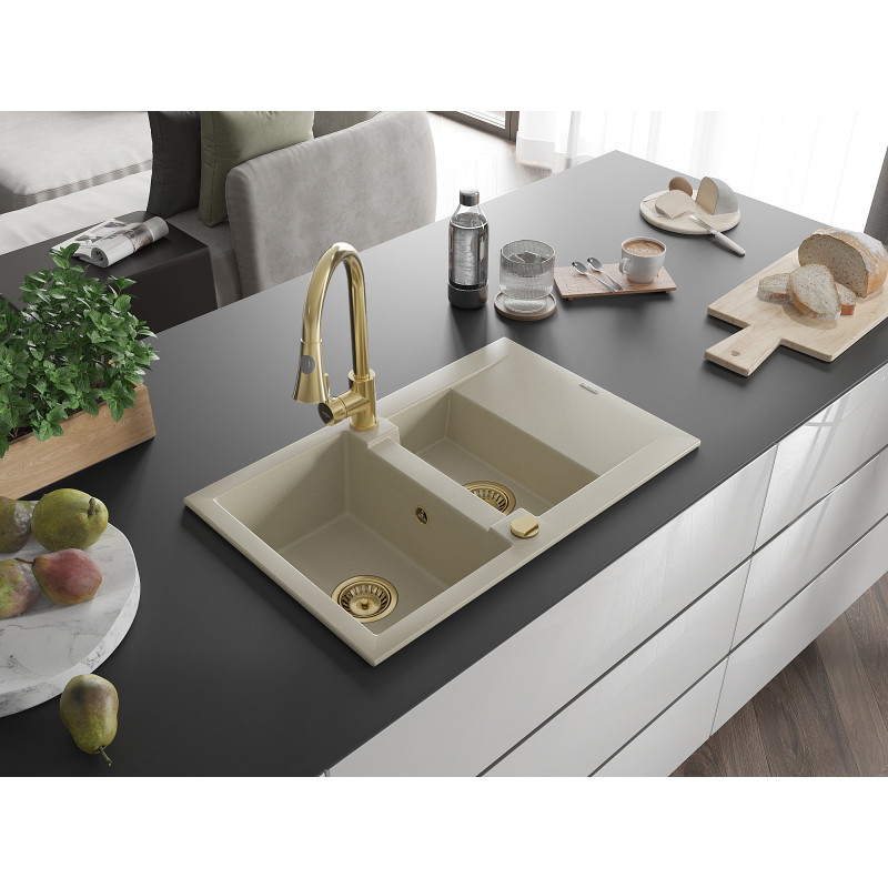 Mexen Gaspar 1,5-Kammern Granitspüle mit Abtropffläche und Küchenarmatur Elia, beige - 6507-69-670101-50