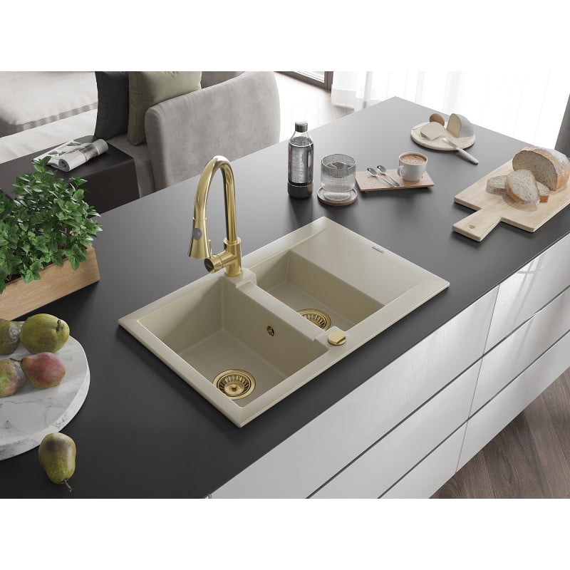 Mexen Gaspar Granitspüle 1,5-Kammer mit Abtropffläche und Küchenarmatur Elia, beige - 6507-69-670101-50
