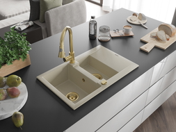 Mexen Gaspar Granitspüle 1,5-Kammer mit Abtropffläche und Küchenarmatur Elia, beige - 6507-69-670101-50
