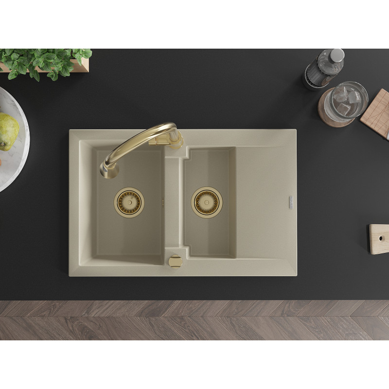 Mexen Gaspar Granitspüle 1,5-Kammer mit Abtropffläche und Küchenarmatur Elia, beige - 6507-69-670101-50