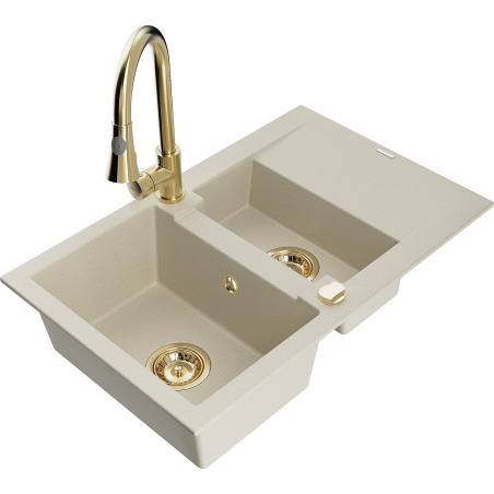 Mexen Gaspar Granitspüle 1,5-Kammer mit Abtropffläche und Küchenarmatur Elia, beige - 6507-69-670101-50