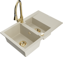 Mexen Gaspar Granitspüle 1,5-Kammer mit Abtropffläche und Küchenarmatur Elia, beige - 6507-69-670101-50