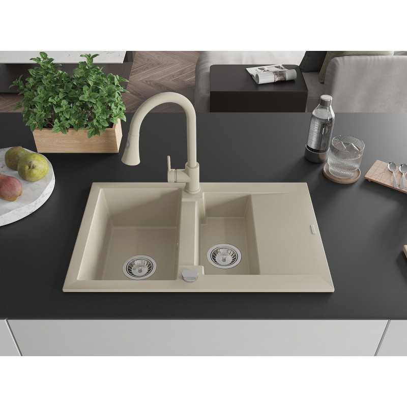 Mexen Gaspar Granitspüle 1,5-beckig mit Abtropffläche und Küchenarmatur Elia, beige - 6507-69-670101-69