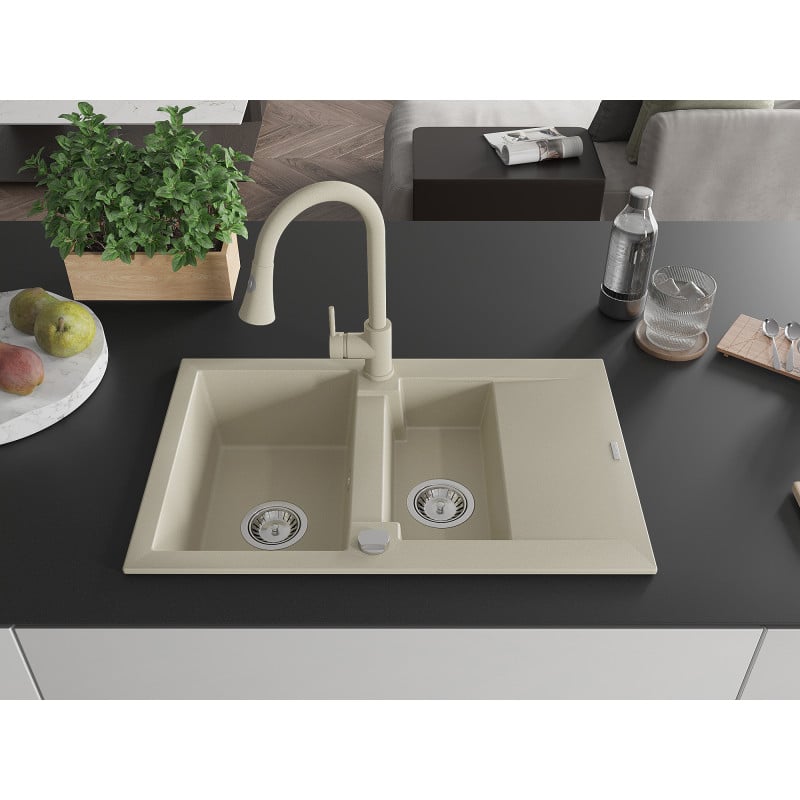 Mexen Gaspar Granitspüle 1,5 Kammern mit Abtropffläche und Küchenarmatur Elia, beige - 6507-69-670101-69