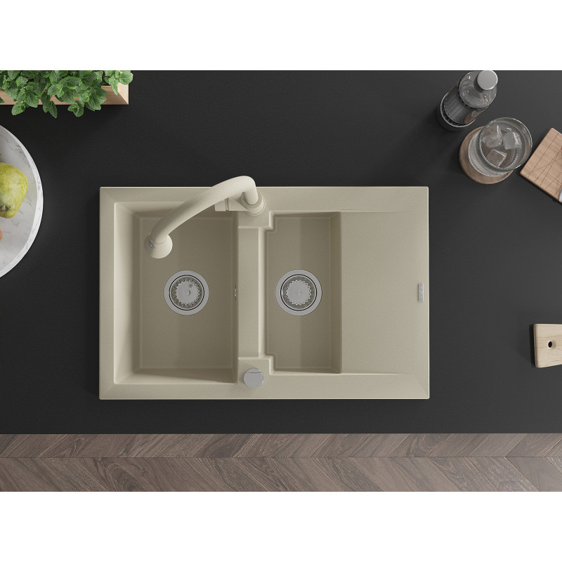 Mexen Gaspar Granitspüle 1,5 Kammern mit Abtropffläche und Küchenarmatur Elia, beige - 6507-69-670101-69