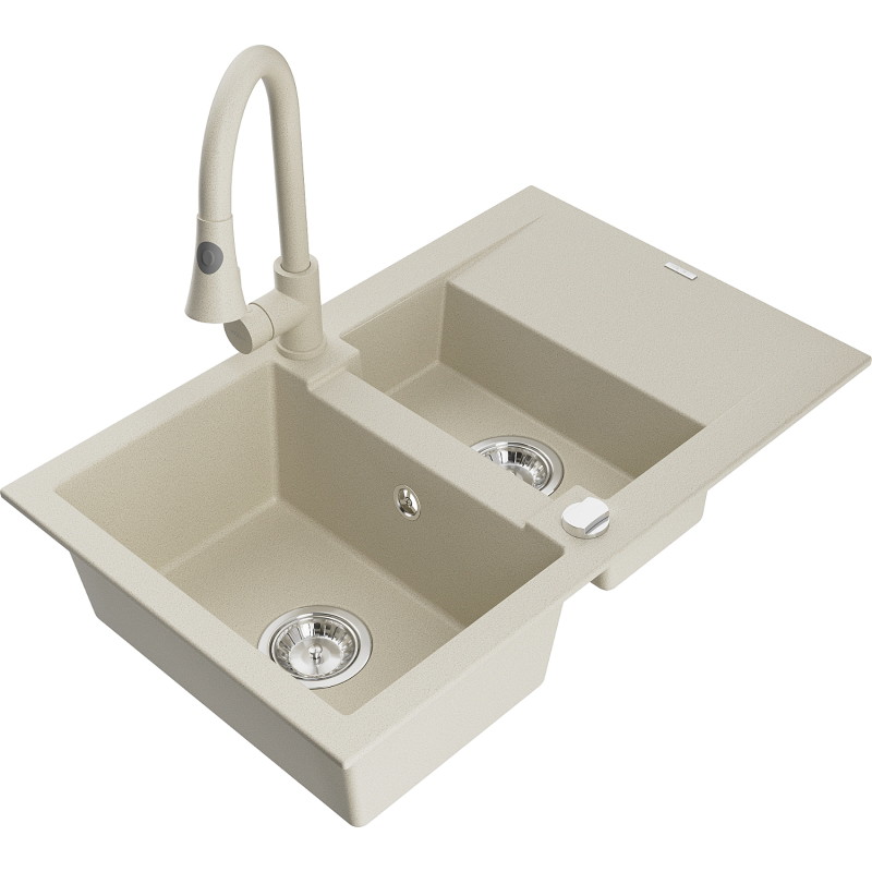 Mexen Gaspar Granitspüle 1,5-Becken mit Abtropffläche und Küchenarmatur Elia, beige - 6507-69-670101-69