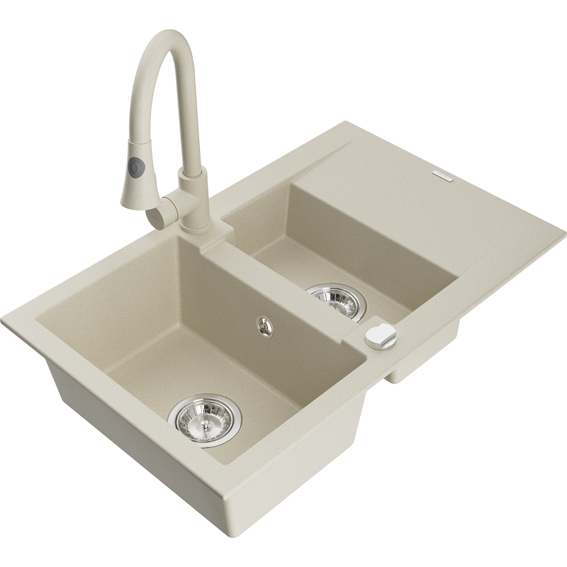 Mexen Gaspar Granitspüle 1,5 Kammern mit Abtropffläche und Küchenarmatur Elia, beige - 6507-69-670101-69