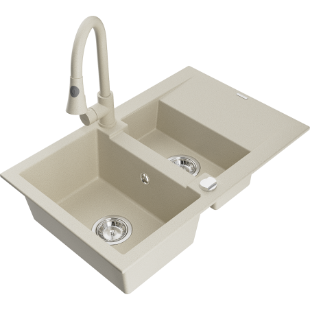 Mexen Gaspar Granitspüle 1,5 Kammern mit Abtropffläche und Küchenarmatur Elia, beige - 6507-69-670101-69