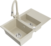 Mexen Gaspar Granitspüle 1,5 Kammern mit Abtropffläche und Küchenarmatur Elia, beige - 6507-69-670101-69