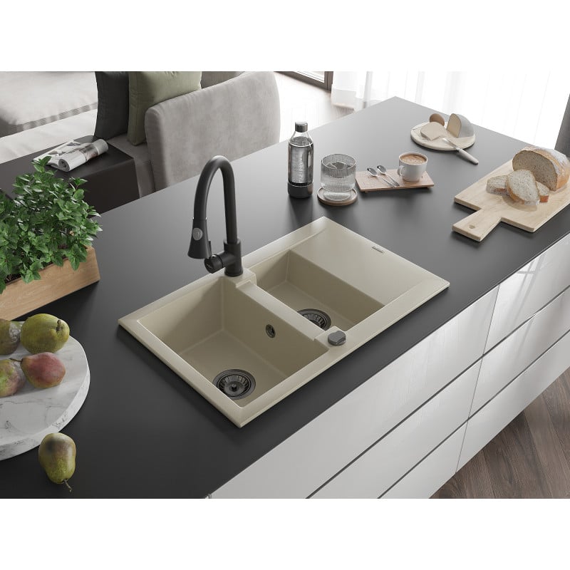 Mexen Gaspar Granitspüle 1,5-Schüssel mit Abtropffläche und Küchenarmatur Elia, beige - 6507-69-670101-70