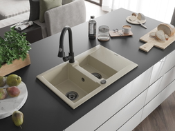 Mexen Gaspar Granitspüle 1,5-Schüssel mit Abtropffläche und Küchenarmatur Elia, beige - 6507-69-670101-70