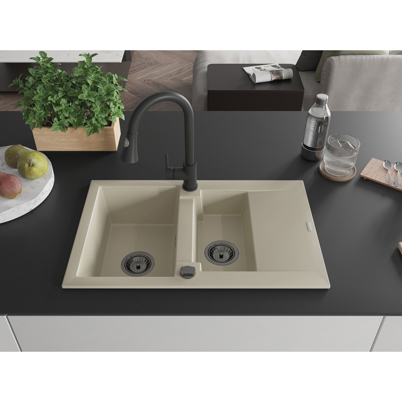 Mexen Gaspar Granitspüle 1,5-beckig mit Abtropffläche und Küchenarmatur Elia, beige - 6507-69-670101-70