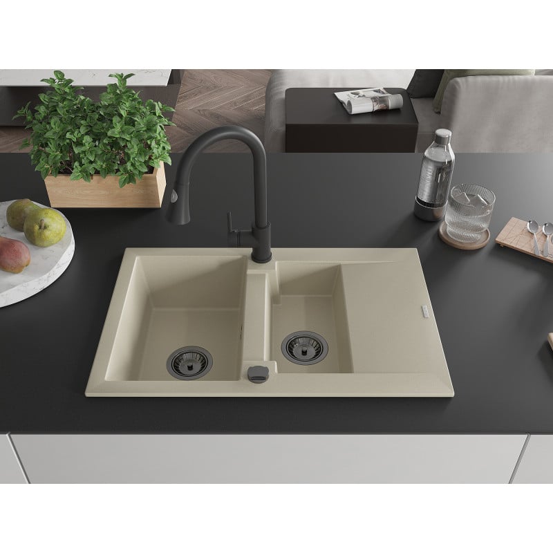 Mexen Gaspar Granitspüle 1,5-Schüssel mit Abtropffläche und Küchenarmatur Elia, beige - 6507-69-670101-70