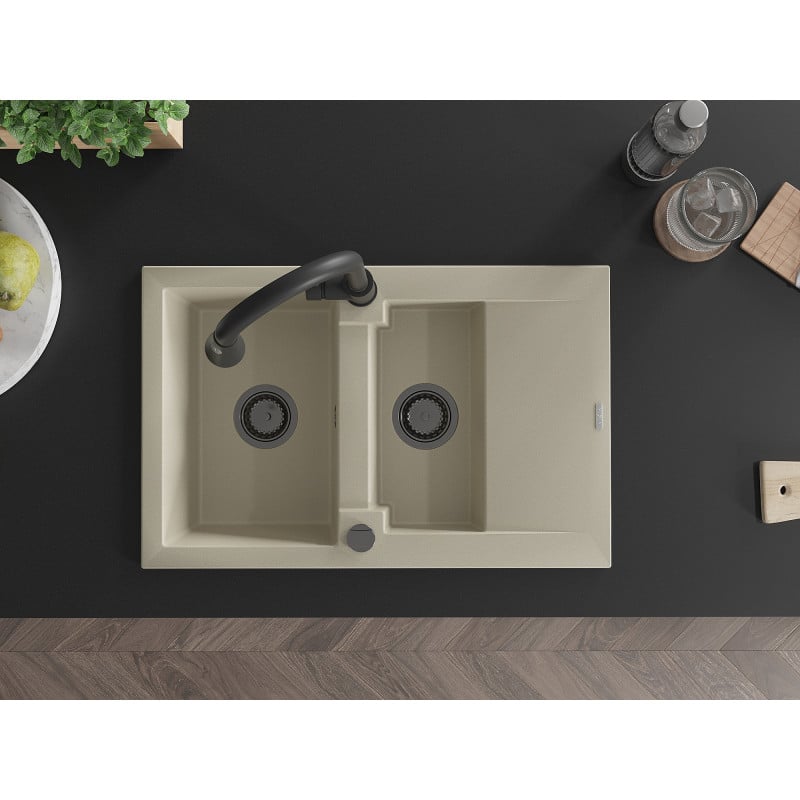 Mexen Gaspar Granitspüle 1,5-Schüssel mit Abtropffläche und Küchenarmatur Elia, beige - 6507-69-670101-70