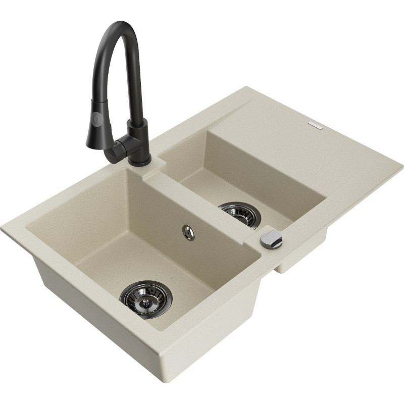 Mexen Gaspar Granitspüle 1,5-Schalen mit Abtropffläche und Küchenarmatur Elia, beige - 6507-69-670101-70