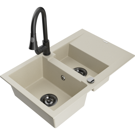 Mexen Gaspar Granitspüle 1,5-Schüssel mit Abtropffläche und Küchenarmatur Elia, beige - 6507-69-670101-70