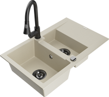 Mexen Gaspar Granitspüle 1,5-Schüssel mit Abtropffläche und Küchenarmatur Elia, beige - 6507-69-670101-70