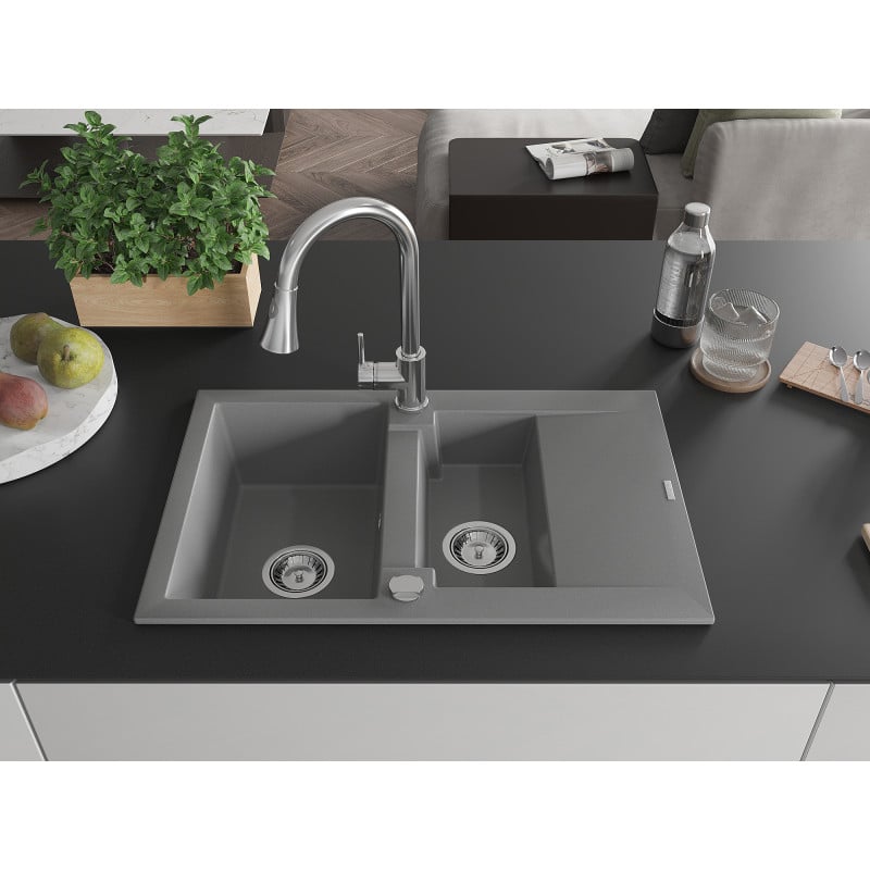 Mexen Gaspar Granitspüle 1,5-Becken mit Abtropffläche und Küchenarmatur Elia, grau - 6507-71-670101-00