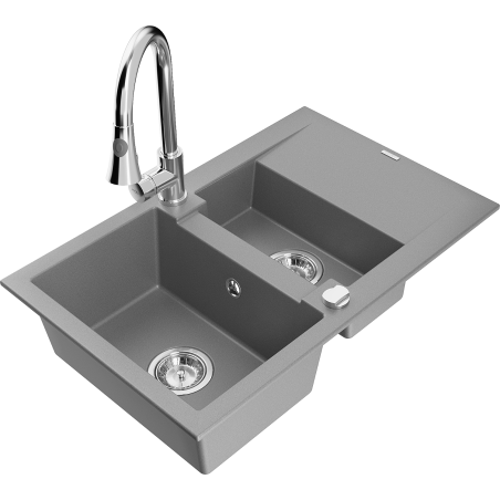 Mexen Gaspar Granitspüle 1,5-Becken mit Abtropffläche und Küchenarmatur Elia, grau - 6507-71-670101-00