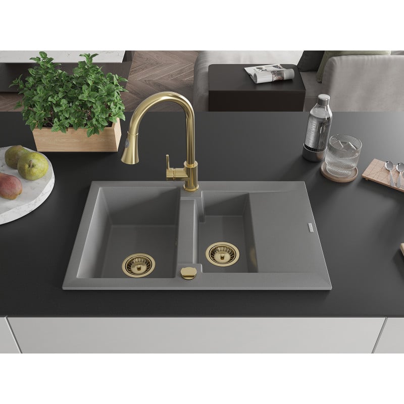 Mexen Gaspar Granitspüle 1,5-becken mit Abtropffläche und Küchenarmatur Elia, grau - 6507-71-670101-50