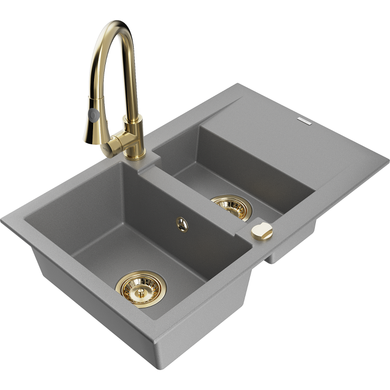 Mexen Gaspar Granitspüle 1,5-becken mit Abtropffläche und Küchenarmatur Elia, grau - 6507-71-670101-50