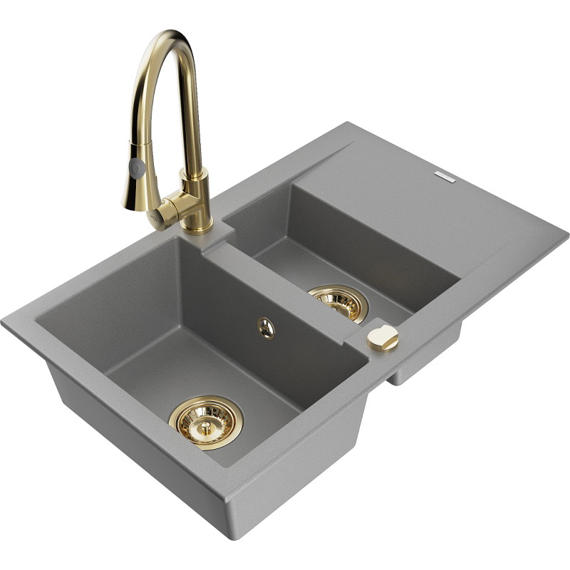 Mexen Gaspar Granitspüle 1,5-fach mit Abtropffläche und Küchenarmatur Elia, grau - 6507-71-670101-50