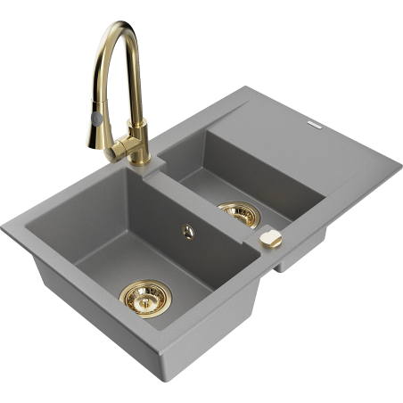 Mexen Gaspar Granitspüle 1,5-becken mit Abtropffläche und Küchenarmatur Elia, grau - 6507-71-670101-50