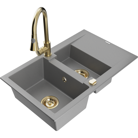 Mexen Gaspar Granitspüle 1,5-fach mit Abtropffläche und Küchenarmatur Elia, grau - 6507-71-670101-50