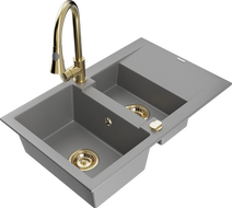 Mexen Gaspar Granitspüle 1,5-becken mit Abtropffläche und Küchenarmatur Elia, grau - 6507-71-670101-50