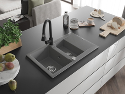 Mexen Gaspar Granitspüle 1,5-Becken mit Abtropffläche und Küchenarmatur Elia, grau - 6507-71-670101-70