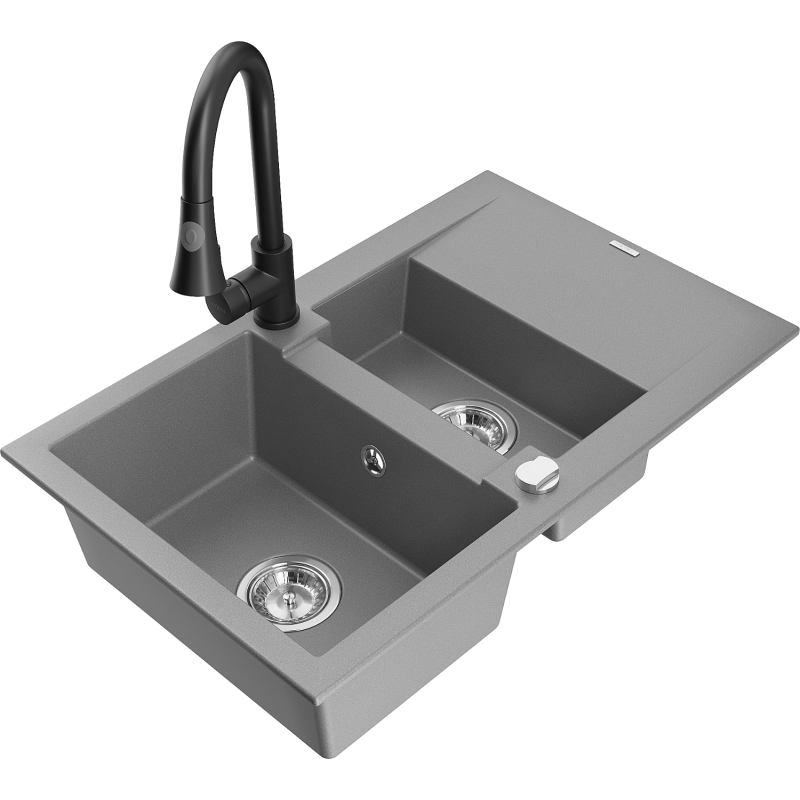 Mexen Gaspar Granitspüle 1,5-Becken mit Abtropffläche und Küchenarmatur Elia, grau - 6507-71-670101-70