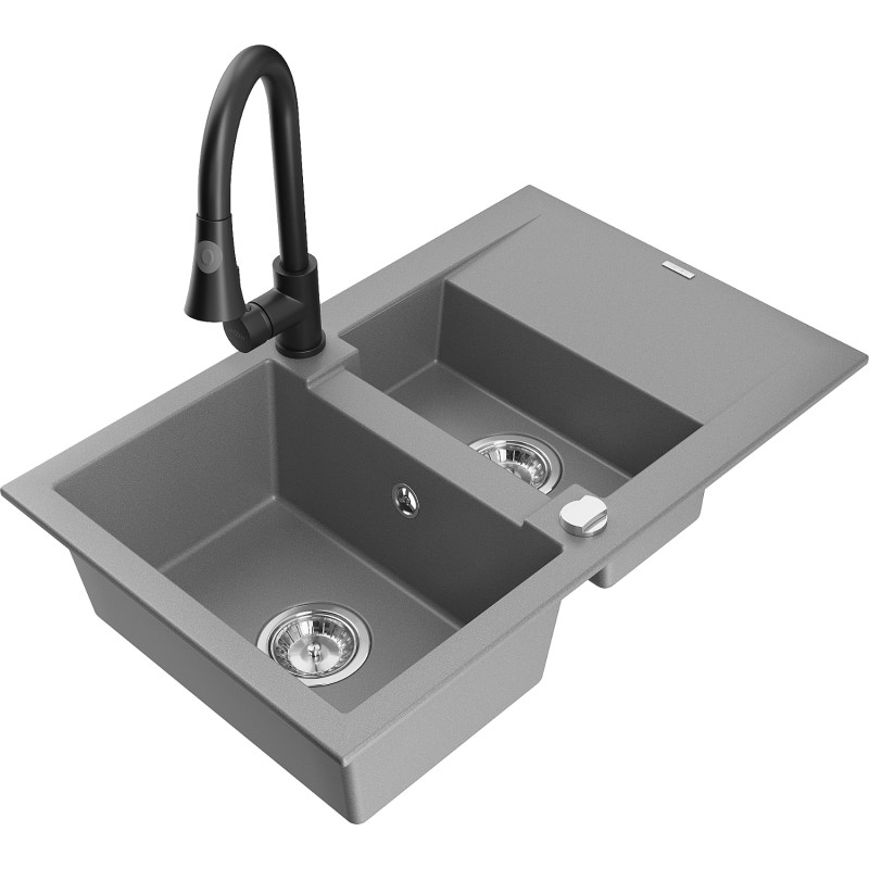 Mexen Gaspar Granitspüle 1,5-beckig mit Abtropffläche und Küchenarmatur Elia, grau - 6507-71-670101-70