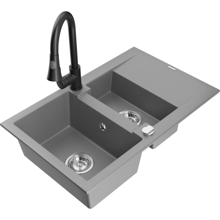 Mexen Gaspar Granitspüle 1,5-Becken mit Abtropffläche und Küchenarmatur Elia, grau - 6507-71-670101-70