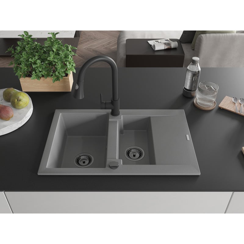 Mexen Gaspar Granitspüle 1,5-Becken mit Abtropffläche und Küchenarmatur Elia, grau - 6507-71-670101-70-B