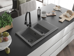 Mexen Gaspar Granitspüle 1,5-Becken mit Abtropffläche und Küchenarmatur Elia, grau - 6507-71-670101-70-B