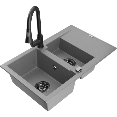 Mexen Gaspar Granitspüle 1,5-Becken mit Abtropffläche und Küchenarmatur Elia, grau - 6507-71-670101-70-B