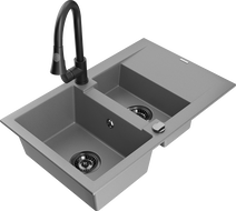 Mexen Gaspar Granitspüle 1,5-Becken mit Abtropffläche und Küchenarmatur Elia, grau - 6507-71-670101-70-B