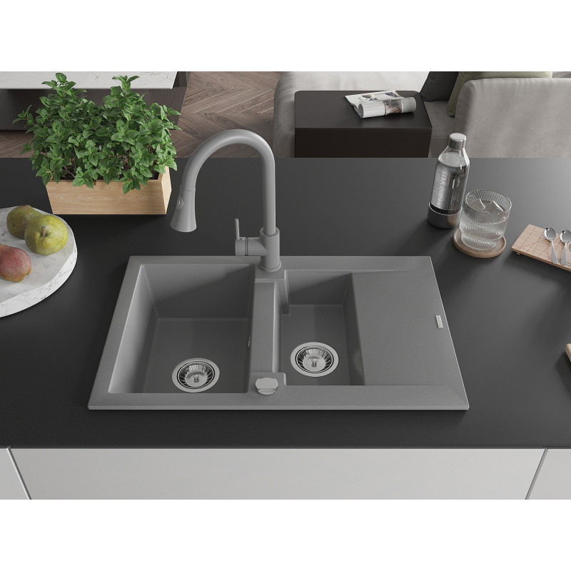 Mexen Gaspar Granitspüle 1,5-fach mit Abtropffläche und Küchenarmatur Elia, grau - 6507-71-670101-71
