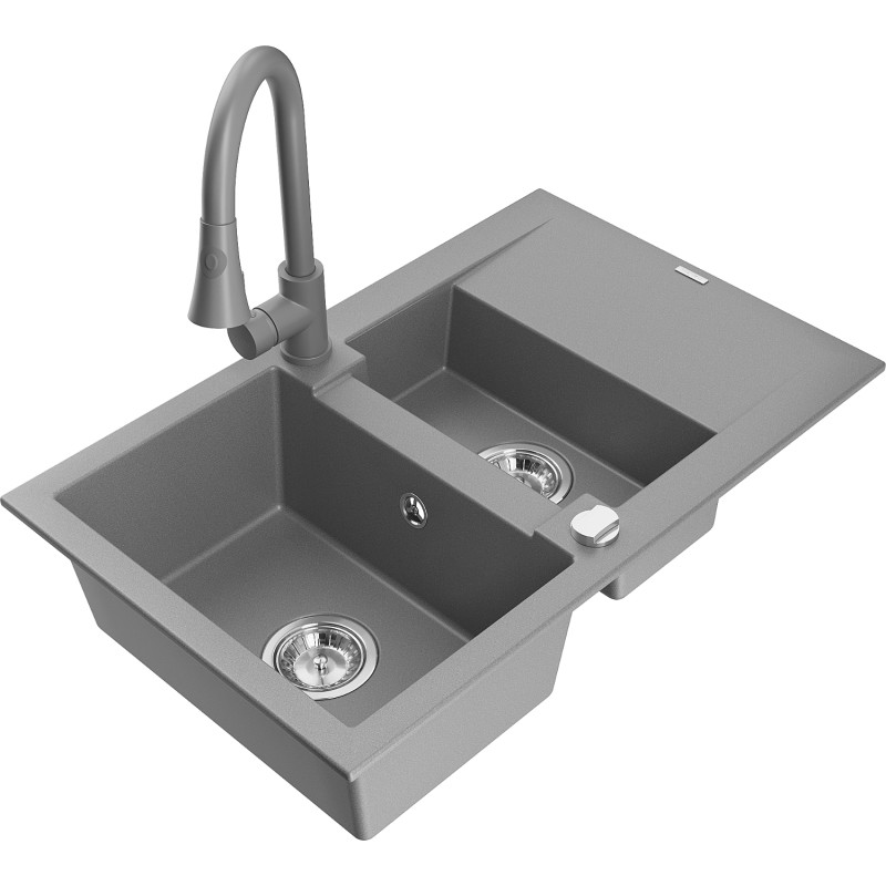 Mexen Gaspar Granitspüle 1,5-fach mit Abtropffläche und Küchenarmatur Elia, grau - 6507-71-670101-71