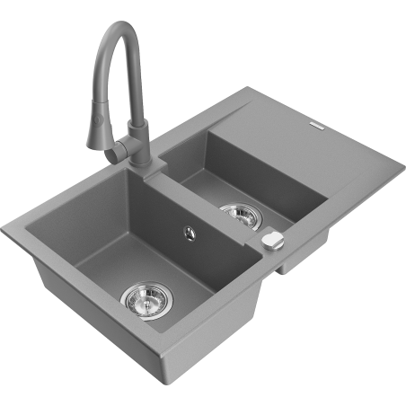 Mexen Gaspar Granitspüle 1,5-fach mit Abtropffläche und Küchenarmatur Elia, grau - 6507-71-670101-71