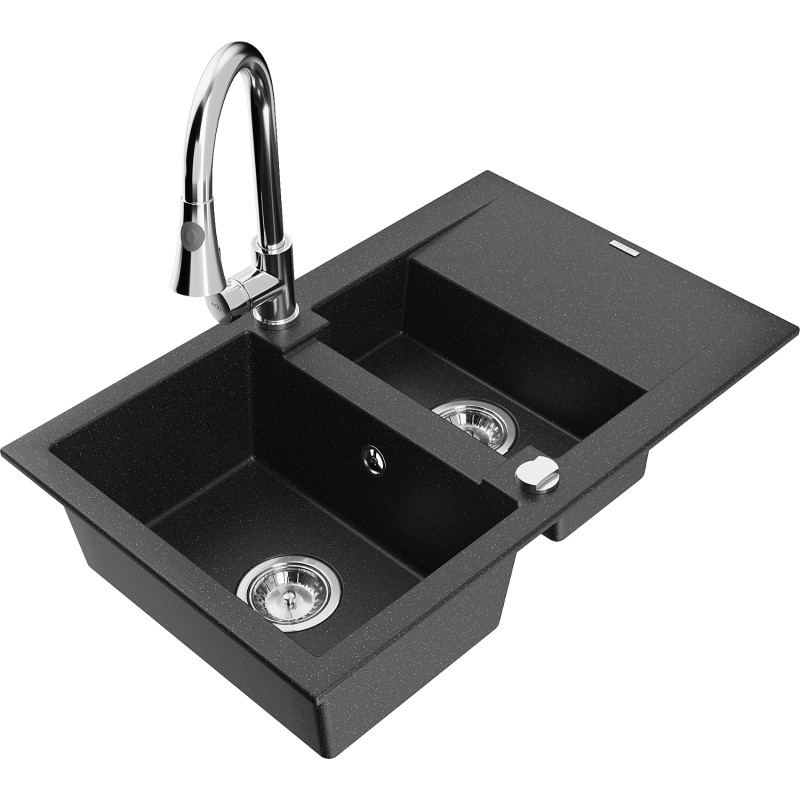 Mexen Gaspar Granitspüle 1,5 Becken mit Abtropffläche und Küchenarmatur Elia, schwarz/silber metallic - 6507-73-670101-00