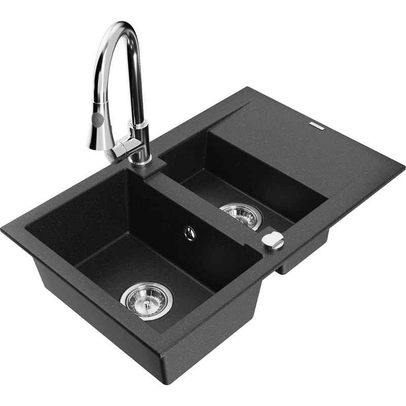 Mexen Gaspar Granitspüle 1,5-fach mit Abtropffläche und Küchenarmatur Elia, schwarz/silber metallic - 6507-73-670101-00