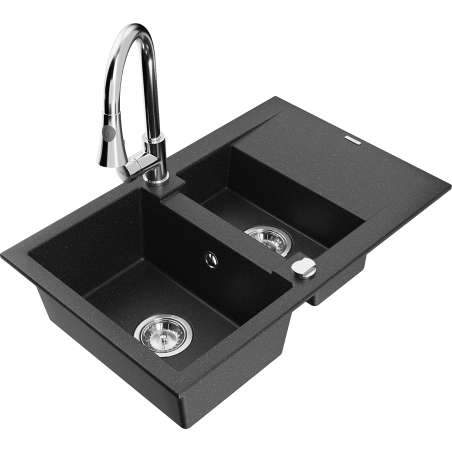 Mexen Gaspar Granitspüle 1,5-fach mit Abtropffläche und Küchenarmatur Elia, schwarz/silber metallic - 6507-73-670101-00
