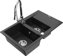 Mexen Gaspar Granitspüle 1,5-fach mit Abtropffläche und Küchenarmatur Elia, schwarz/silber metallic - 6507-73-670101-00