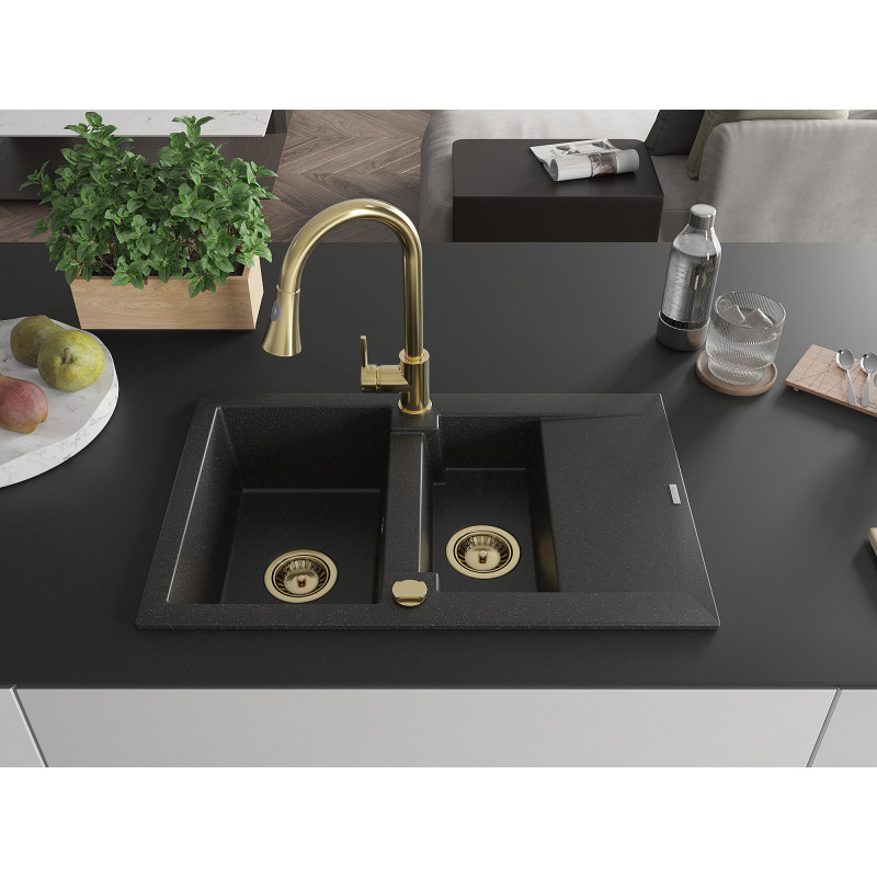 Mexen Gaspar Granitspüle 1,5-Becken mit Abtropffläche und Küchenarmatur Elia, schwarz/silber metallic - 6507-73-670101-50