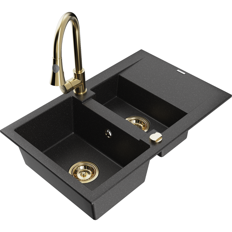 Mexen Gaspar Granitspüle 1,5-Becken mit Abtropffläche und Küchenarmatur Elia, schwarz/silber metallic - 6507-73-670101-50
