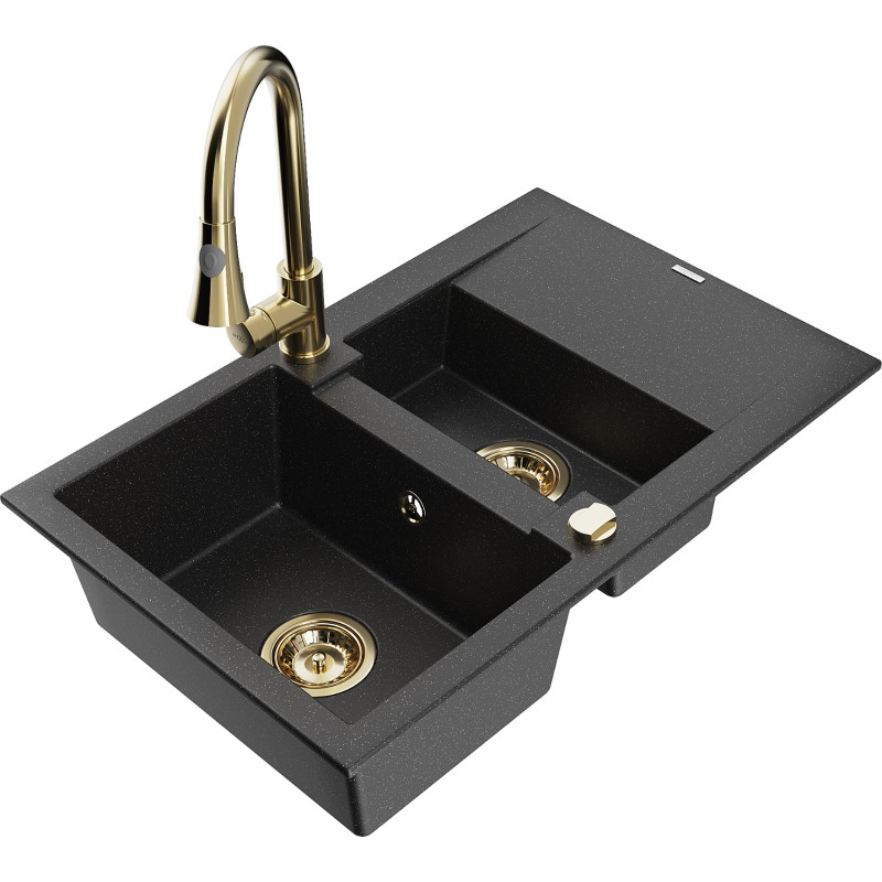 Mexen Gaspar Granitspüle 1,5-Kammern mit Abtropffläche und Küchenarmatur Elia, schwarz/silber metallic - 6507-73-670101-50
