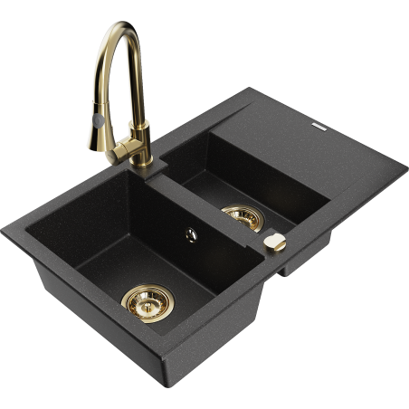 Mexen Gaspar Granitspüle 1,5-Becken mit Abtropffläche und Küchenarmatur Elia, schwarz/silber metallic - 6507-73-670101-50