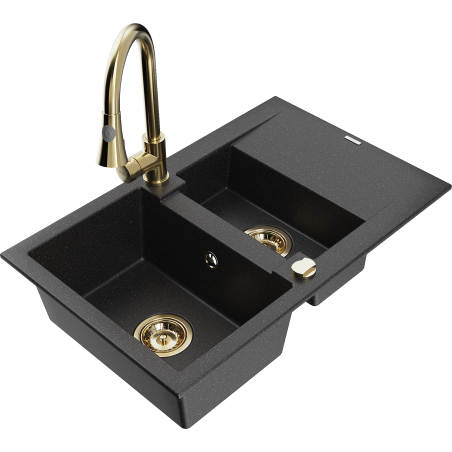 Mexen Gaspar Granitspüle 1,5-Kammern mit Abtropffläche und Küchenarmatur Elia, schwarz/silber metallic - 6507-73-670101-50